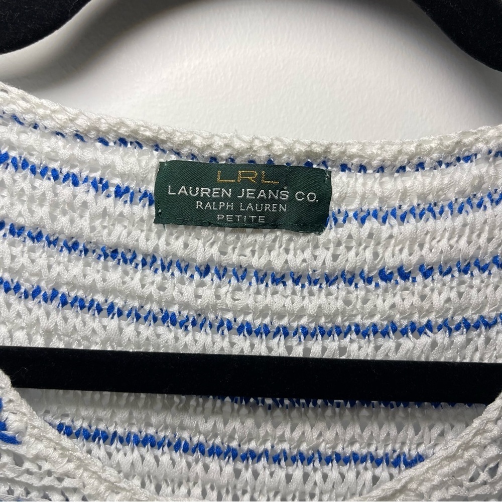 Lauren Ralph Lauren Blue White Striped Open Knit Short Sleeve coastal Top MP - Picture 3 of 9